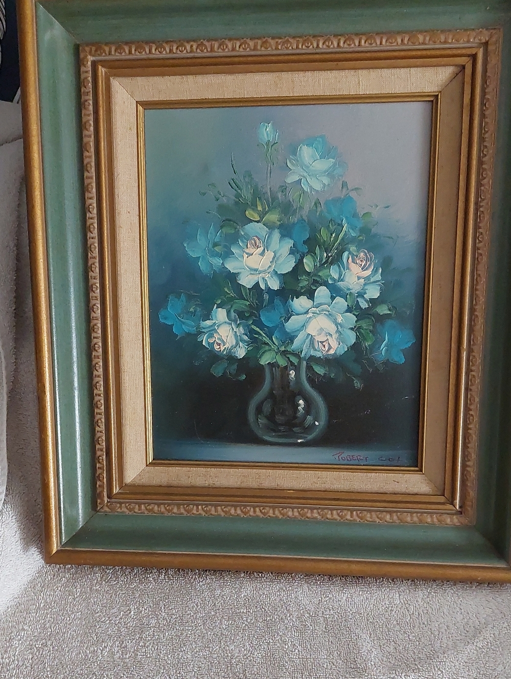 Framed Teal and Cream Floral Painting